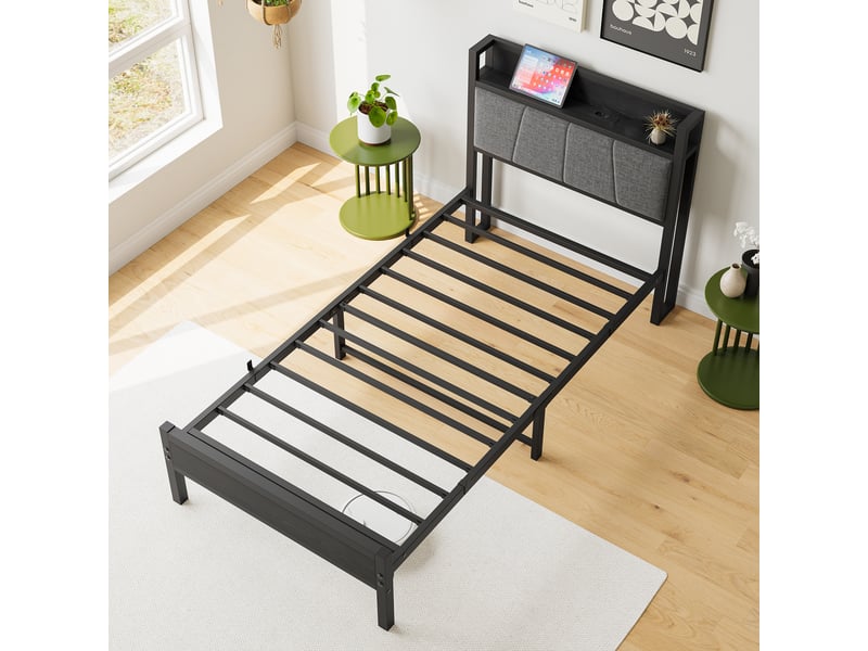  Lit simple 90 × 200 cm avec tête de lit de rangement et espace sous le lit, sans matelas, en métal et mdf, noir  - Conforama D