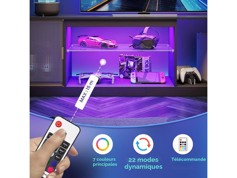  Bestier modern tv stand for 7580 inch tvs, led multimedia center with acrylic doors and adjustable glass shelf, 70 media console for ps5 living room, black carbon fibre  - Conforama D