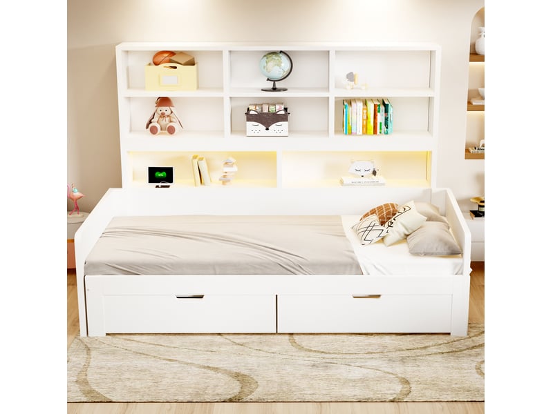  Lit gigogne jeune 90180x200 cm, gain de place, avec rangement intégré, éclairage led et prises, en mdf, couleur blanc  - Conforama D
