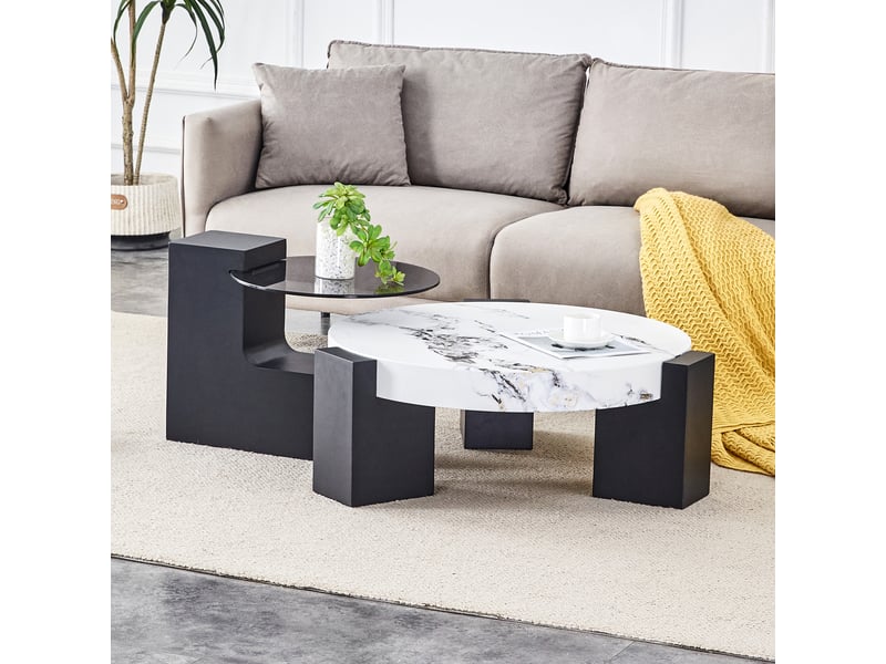 Tables basses gigognes avec 2 plateaux, pieds en l, en mdf et verre, blanc et noir - uvrion - Conforama D