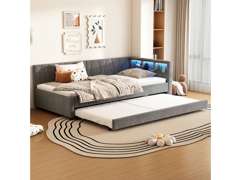  Lit en lin et mdf gris 90x200 cm  - Conforama B