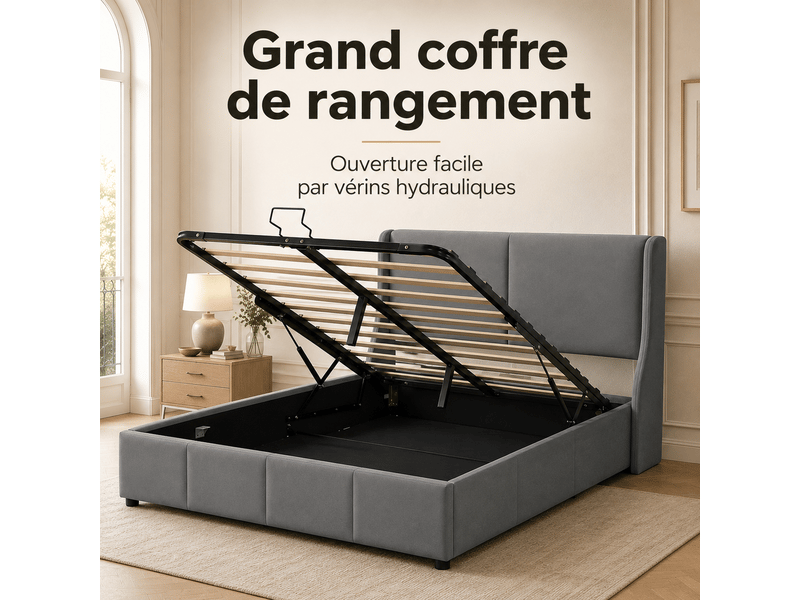  Lit adulte 140x190 cm - lit coffre double avec grand rangement hydraulique sous le lit et tete de lit capitonne - 2 personnes - cadre de lit rembourré 2 places- sommier à lattes - simple - chambre complete ado - velours - gris -…  - Conforama R