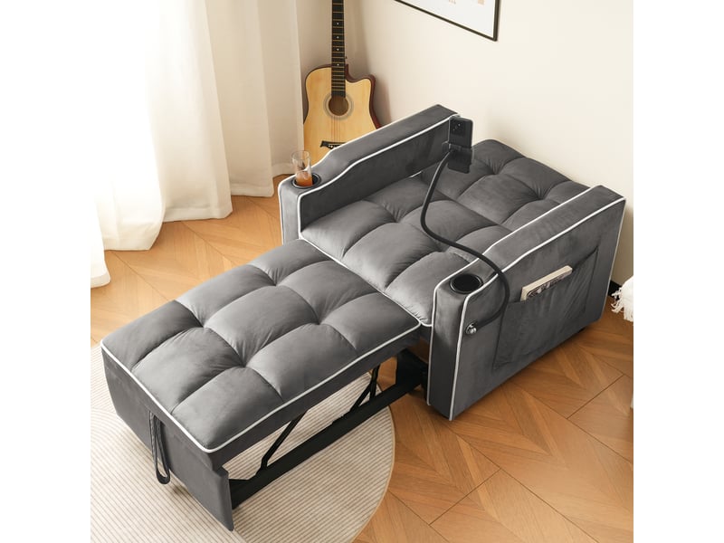 Fauteuil convertible en lit 83 x 167 x 76 cm, 3-en-1, velours, porte-gobelets et support téléphone - Conforama E