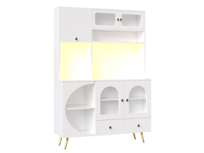  Buffet moderne led avec armoire haute (cuisine et salon), rangement panneau perforé, tiroirs et verre, blanc, usb  - Conforama A