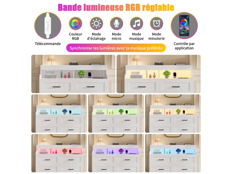  Commode 6 tiroirs - 73x39.5x114cm -  meuble de rangement avec niche ouverte, bande led rgb réglable, style scandinave - blanc  - Conforama D