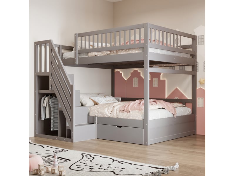  Lit superposé enfant 140x200 cm avec rangements et sommiers à lattes, gris  - Conforama E