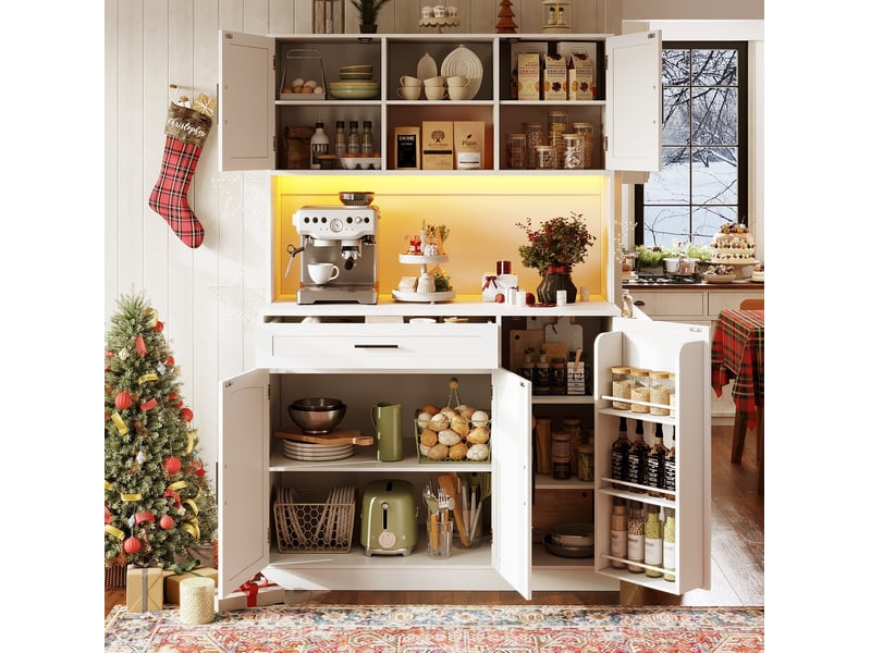  Buffet de rangement 110x38x180 cm, meuble de cuisine, 5 portes, 1 tiroir, avec luminaire éclairage led et prise secteur, mdf+structure en métal, blanc  - Conforama B