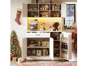 Buffet de rangement 110x38x180 cm, meuble de cuisine, 5 portes, 1 tiroir, avec luminaire éclairage led et prise secteur, mdf+structure en métal, blanc