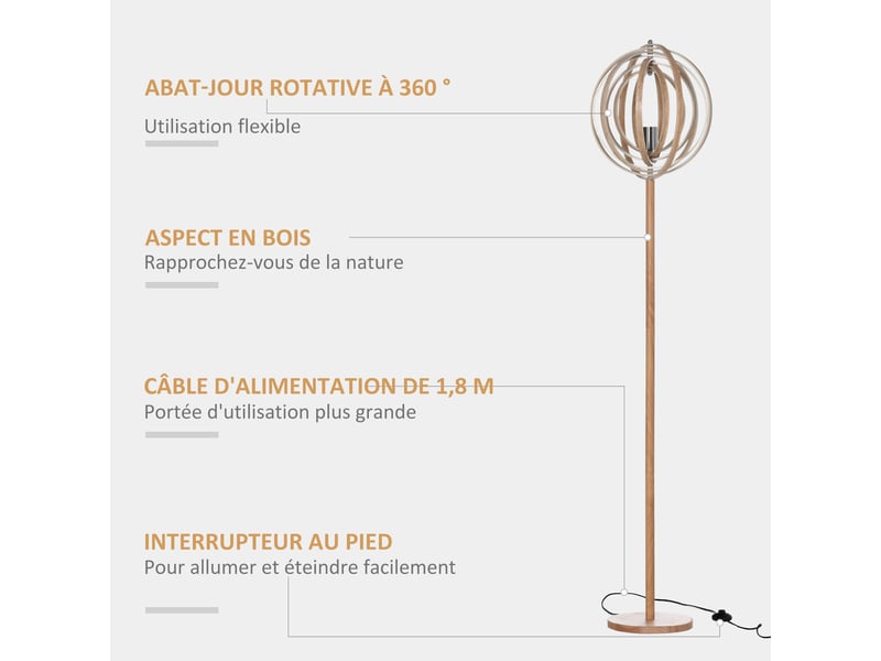  Lampadaire sur pied circulaire 40 w max. Bois abat-jour naturel clair dim.  38 x 160 cm  - Conforama E