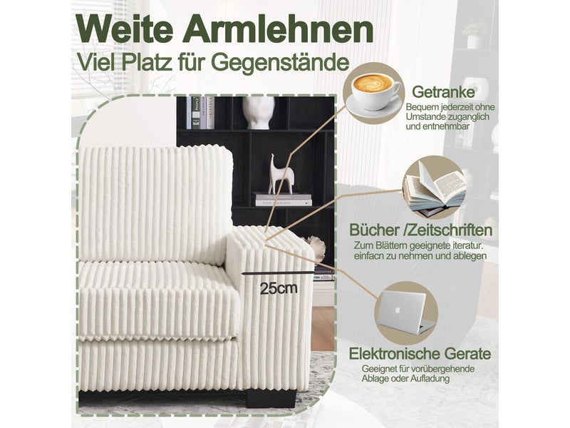  Canapé d'angle, canapé modulable, 4 places, en velours tricoté, beige, 2 coussins inclus, 256,5 x 133,5 x 89 cm, avec pouf  - Conforama E