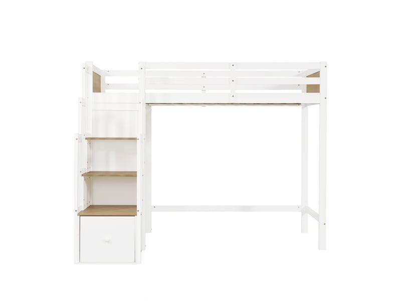  Lit mezzanine 90x200 cm blanc et bois avec bureau, escalier, tiroirs et étagères  - Conforama A