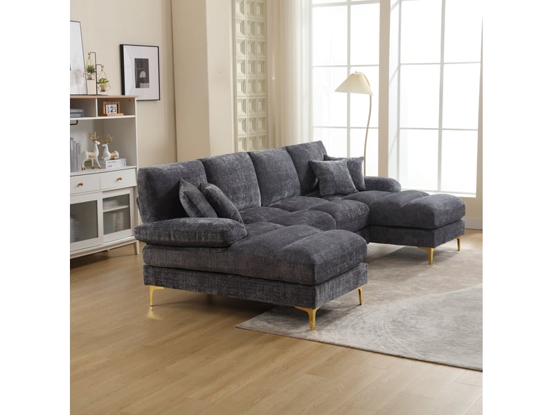  Canapé panoramique u 4 places en chenille gris avec deux méridiennes  - Conforama E