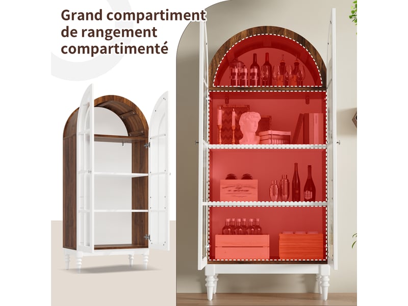 Meuble de cuisine muvano, vitrine haute 165 cm, façade arquée blanche et portes en verre strié - Conforama D