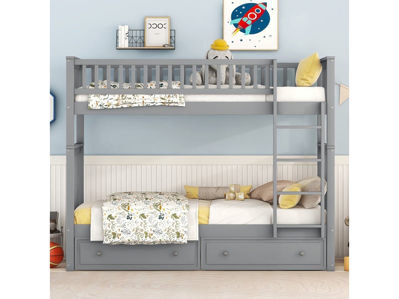  Lit superposé 90x200 en bois massif avec sommiers à lattes, lit enfant gris séparable en deux lits simples pour chambre moderne.  - Conforama E