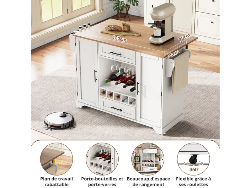Desserte 138x45-70x92 cm avec plan de travail rabattable, îlot sur roulettes, pour cuisine, en mdf, blanc et naturel - Conforama D