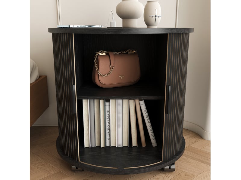  Table de chevet modenvie cylindrique 60 x 60 x 60 cm avec prise secteur et 2 ports usb mdf noir à roulettes  - Conforama B