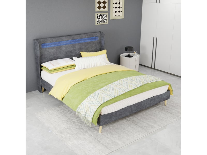  Lit adulte 140x200 cm en tissu gris avec tête de lit led réglable  - Conforama D