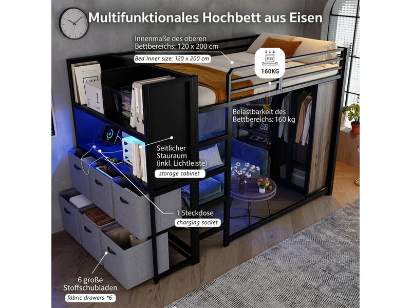  Lit mezzanine 120x200 cm - rangement avec led et usb - tiroirs et étagère ouverte - station de charge - métal et bois - noir  - Conforama R