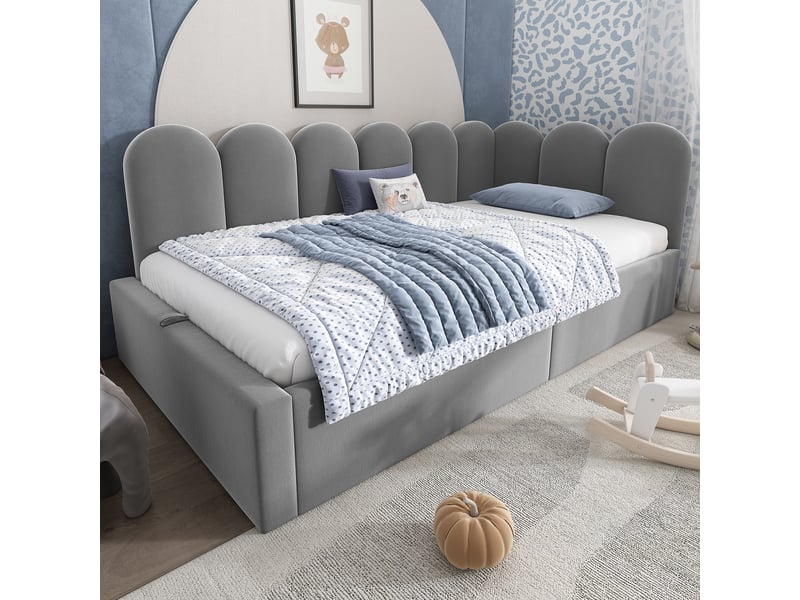 Lit banquette coffre 90 x 200 cm, coffre à relevage hydraulique, dossier en l, sommier à lattes, structure rembourrée, pour la chambre, velours, gris ABC - Conforama D