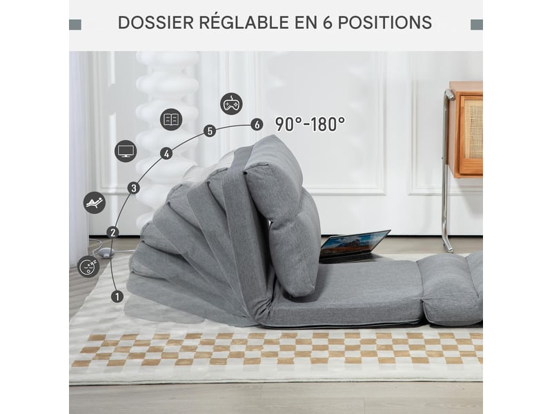  Fauteuil de sol convertible et pliable tissu aspect lin gris 70 x 72 x 56 cm  - Conforama E