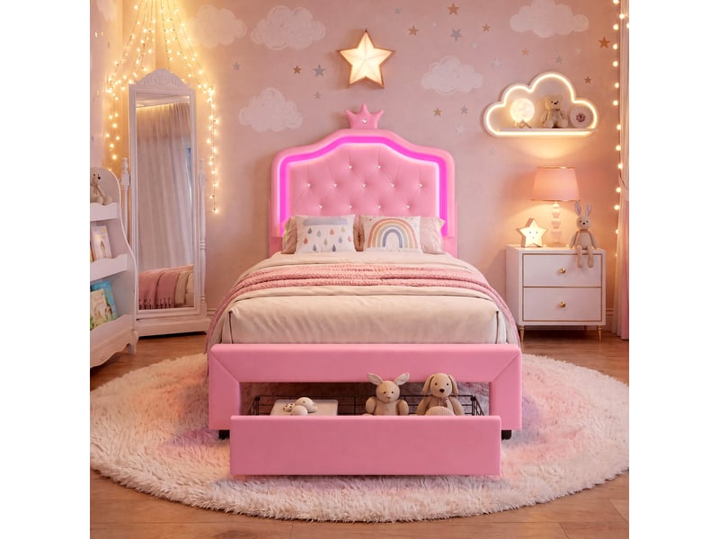 Lit rembourré 140x200 cm avec 2 tiroirs, lit capitonné avec tête de lit couronne lumineuse led, lit capitonné avec tête de lit réglable, pu, blanc, sans matelas - Conforama A
