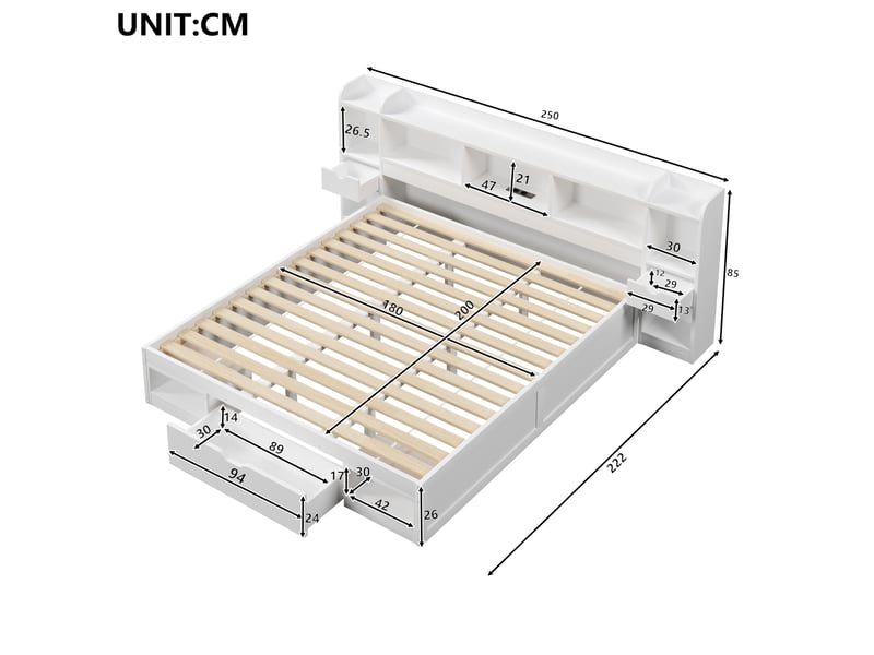  Lit plateforme 180 x 200 cm blanc en mdf et contreplaqué, rangement avec 3 tiroirs, led et port usb  - Conforama C