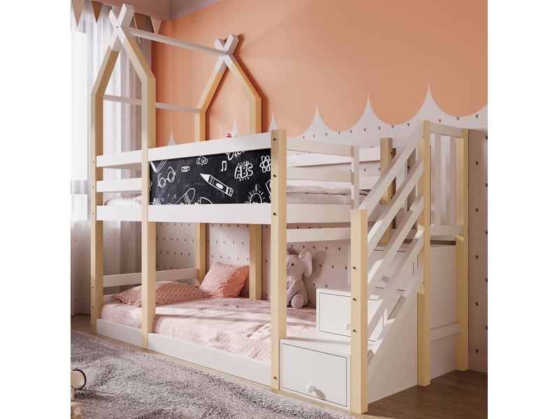  Lit superposé enfant 90x200 cm cabane avec escalier, rangements et tableau noir  - Conforama E