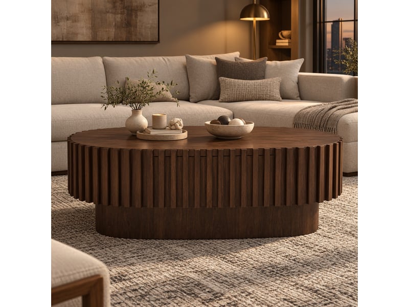 Table basse ovale avec tiroir de rangement, finition noyer foncé à lattes verticales, en mdf, 100 × 50 × 35,5 cm - Conforama B