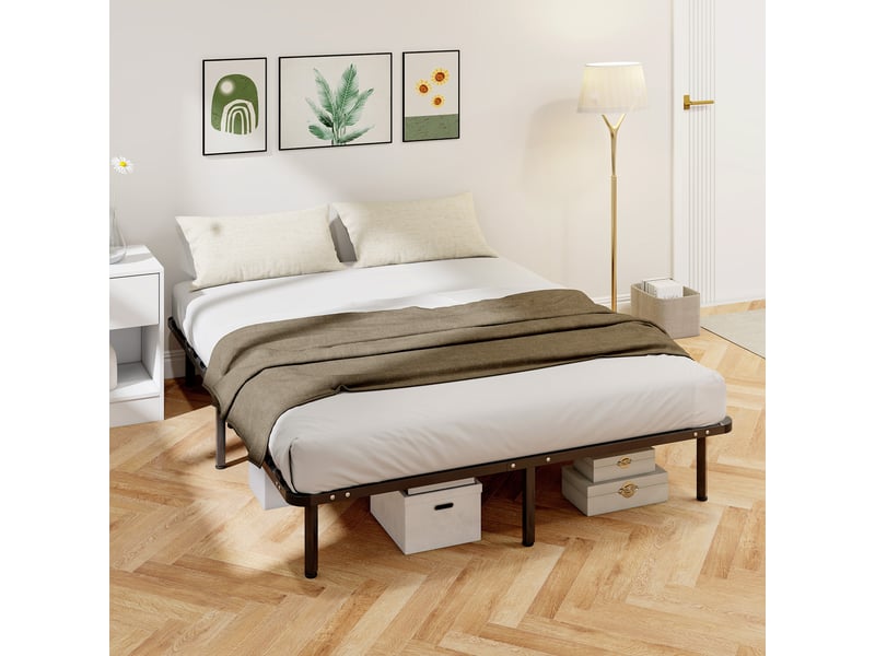  Cadre de lit 160 x 190 cm, lit 2 personnes en bois massif avec sommier à lattes et pied, rangement au-dessous, noir  - Conforama C