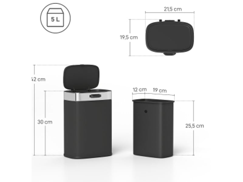  Poubelle de cuisine 5 l 21,5 x 19,5 x 30 cm noire en acier inoxydable, couvercle à maintien ouvert  - Conforama C