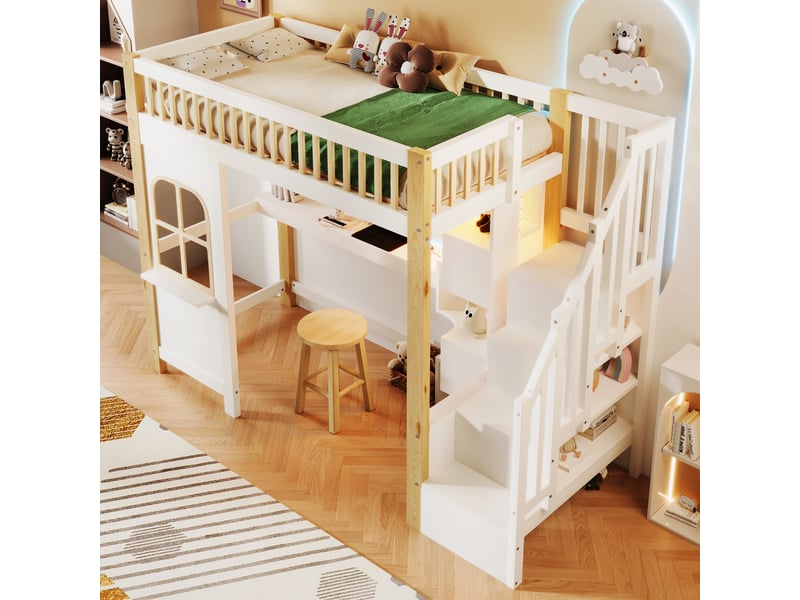  Lit mezzanine enfant 90x200 cm avec led, maison et bureau, pin et mdf, blanc et naturel, sans matelas  - Conforama W