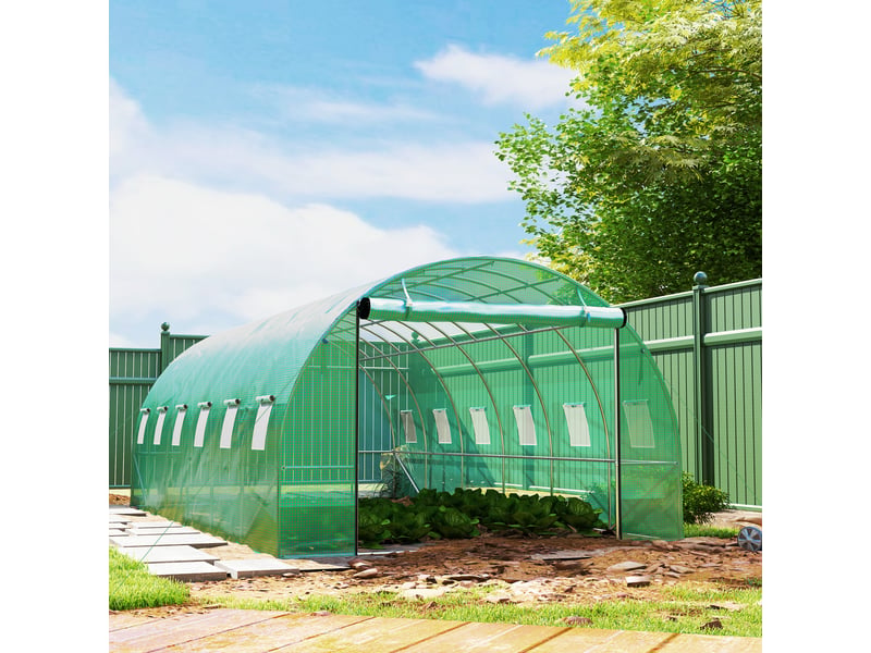  Serre tunnel en polyéthylène avec couverture plastique et structure en acier, tente de serre accessible à pied avec portes enroulables, verte  - Conforama D