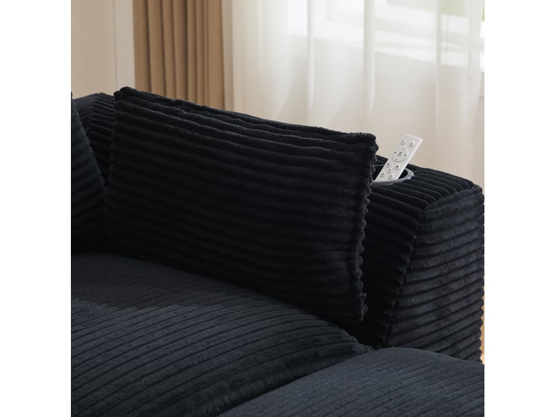  Canapé modulable 3 places en velours côtelé noir avec repose-pieds, poches et porte-gobelets pour salon  - Conforama D