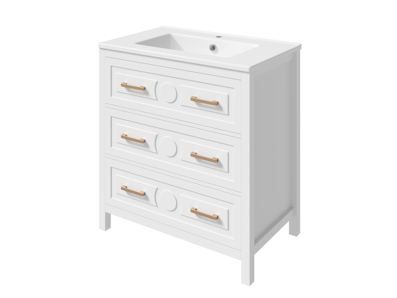  Meuble vasque salle de bain blanc 76,5 cm avec lavabo céramique intégré, 3 tiroirs silencieux  - Conforama E