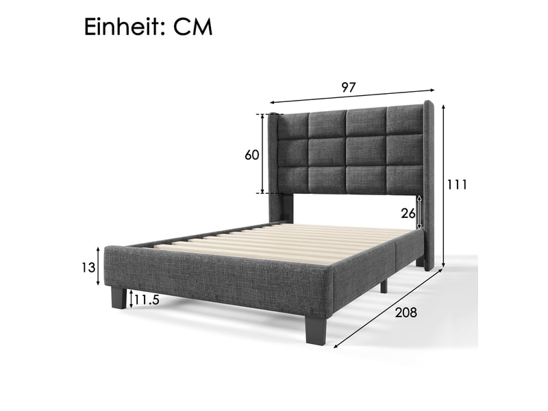  Modenvie lit 1 place 90x200 cm - tête de lit rembourrée, sommier inclus, sans matelas - gris  - Conforama C