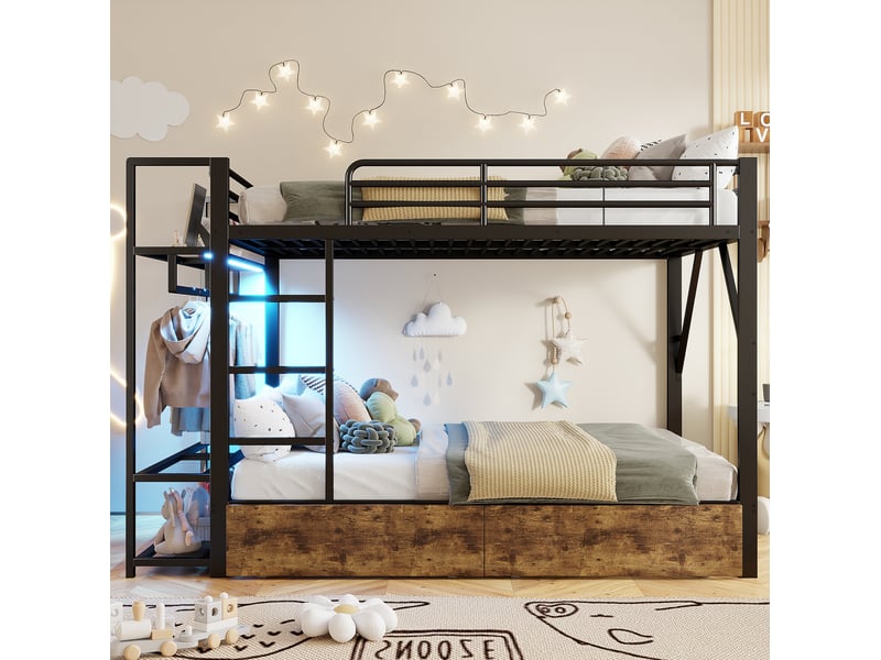 Lit superposé 140 x 200 cm en métal et mdf, led, 2 tiroirs, étagères, noir - Conforama D