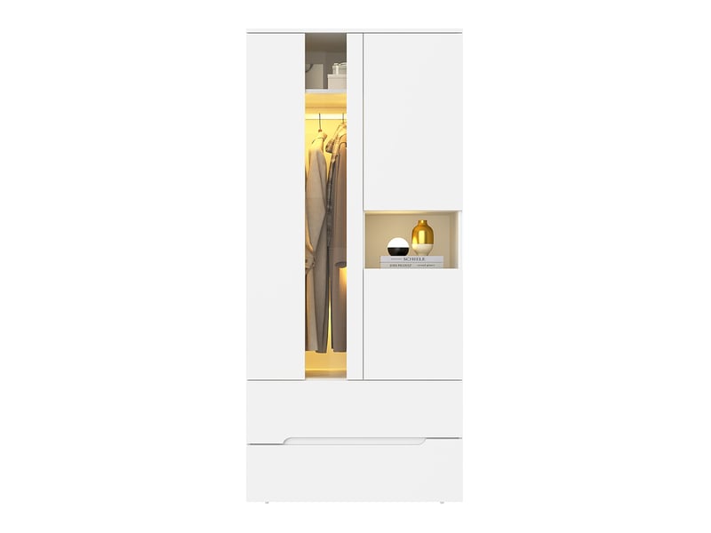  Armoire avec led, 3 portes, 2 tiroirs, 6 niches et penderie pour chambre, en mdf et verre blanc, 90 × 50 × 200 cm  - Conforama A