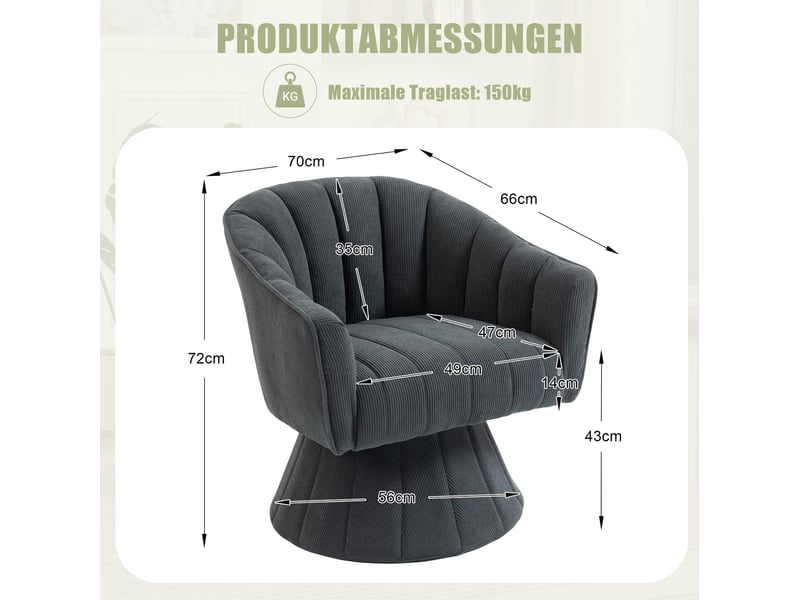  Fauteuil pivotant 360° edler avec assise et dossier ergonomiques, accoudoirs enveloppants et design moderne, gris foncé  - Conforama E