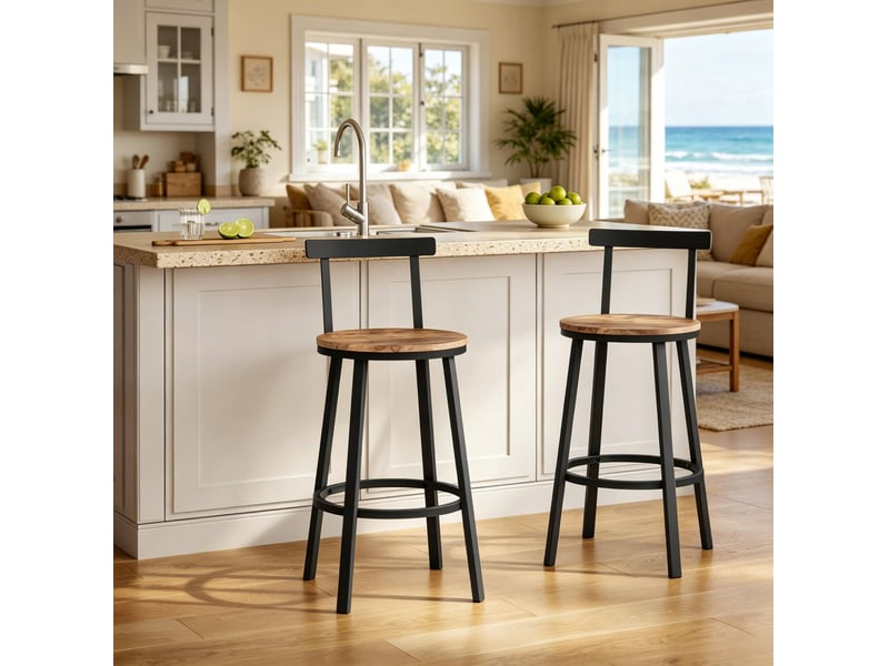  Elvmi tabouret de bar avec dossier tabouret haut industriel assise ronde en mdf structure en métal repose pied circulaire design ergonomique pour îlot de cuisine bar salle à manger café marron rustique hauteur assise 65 cm  - Conforama B