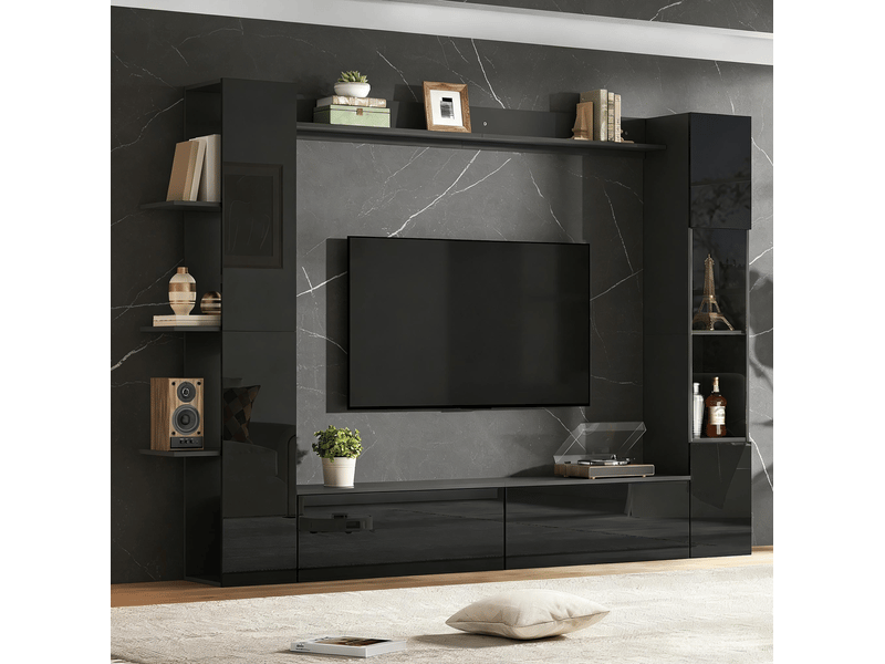  Ensemble meuble tv modenvie 4 pièces avec rangements 245 x 30 x 170 cm mdf noir brillant  - Conforama E