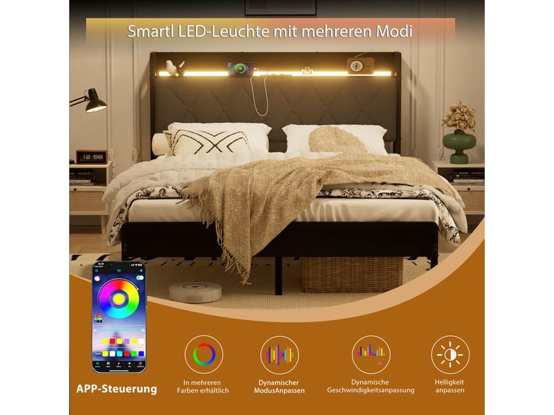  Lit rembourré 140x190 cm avec led multicolore,2 prises secteur+2 usb,rangement sous lit 22,5 cm,structure métal,noir et gris foncé  - Conforama D