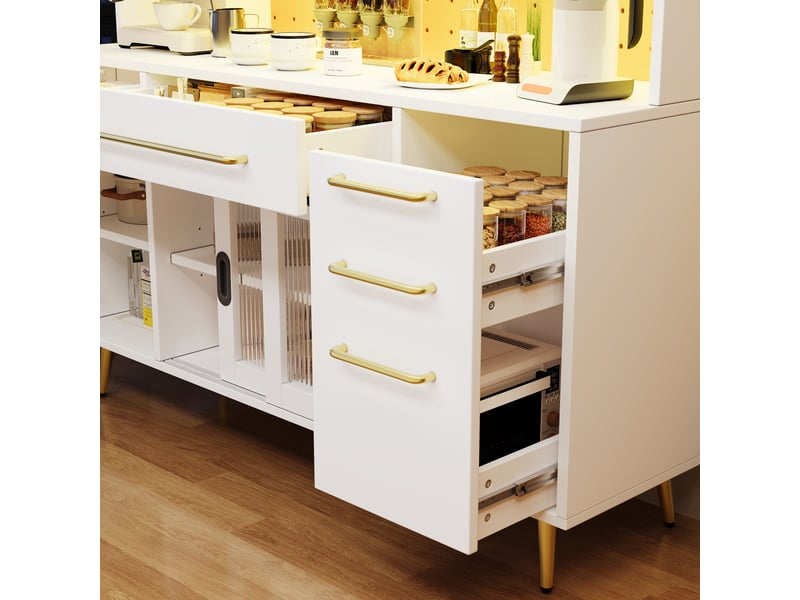  Buffet de cuisine moderne blanc 145cm, vaisselier avec éclairage led intégré, portes en verre et panneau perforé  - Conforama R