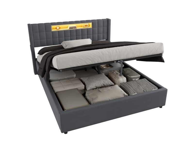  Lit rembourré 160 × 200 cm 2 places avec led, rangement sous le lit et 2 tiroirs, sans matelas, gris foncé  - Conforama A