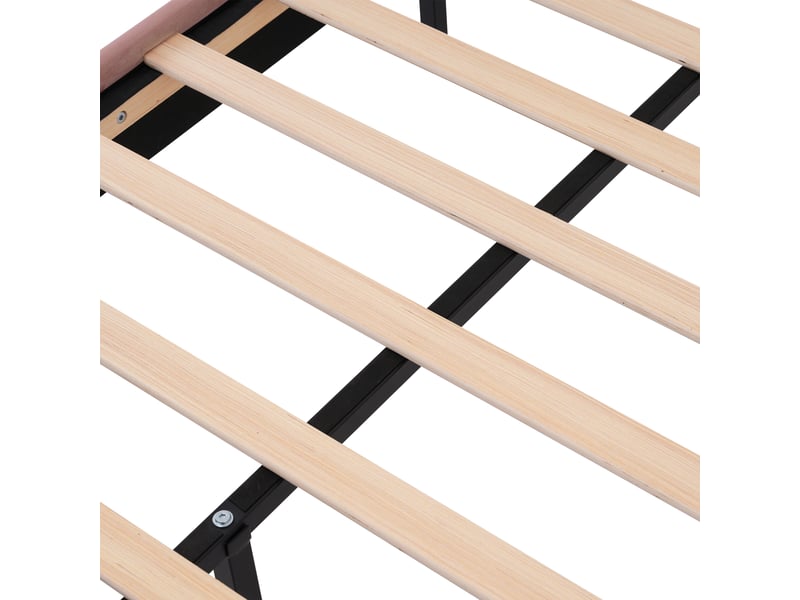  Lit simple 200×90 cm avec tête de lit réglable et éclairage led multicolore, sans matelas, en velours rose  - Conforama E