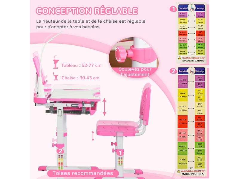  Ensemble chaise et bureau pour enfants avec lampe led hauteur réglable plateau incliné support de lecture rose  - Conforama D