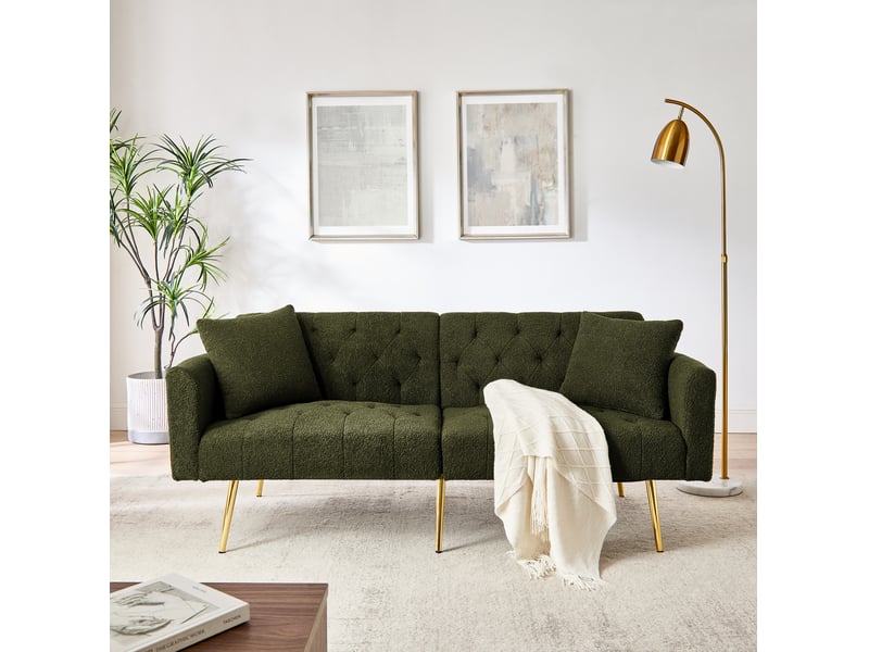 Canapé 2 places convertible 177x78x74 cm vert, tissu bouclette, dossier réglable 3 positions, pieds métal doré - Conforama B