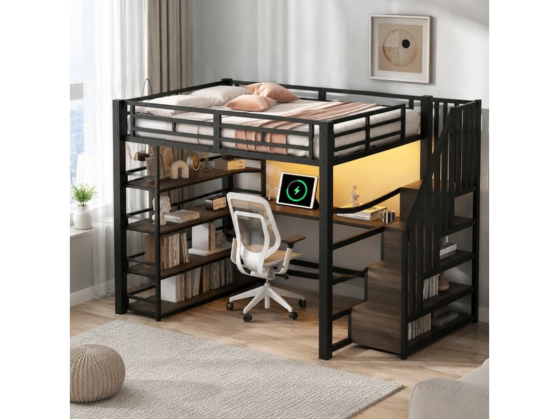 Lit mezzanine 140x200 cm en métal avec bureau, rangements, led et usb noir  - Conforama B