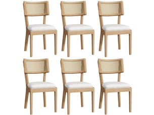 Lot de 6 chaises de salle à manger, chaises en bois avec dossier en rotin et assise en lin