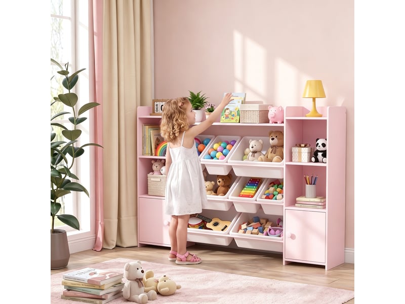  Meuble de rangement pour jouets d'enfants avec 8 bacs et placards amovibles, 140 x 30 x 90 cm, rose  - Conforama B