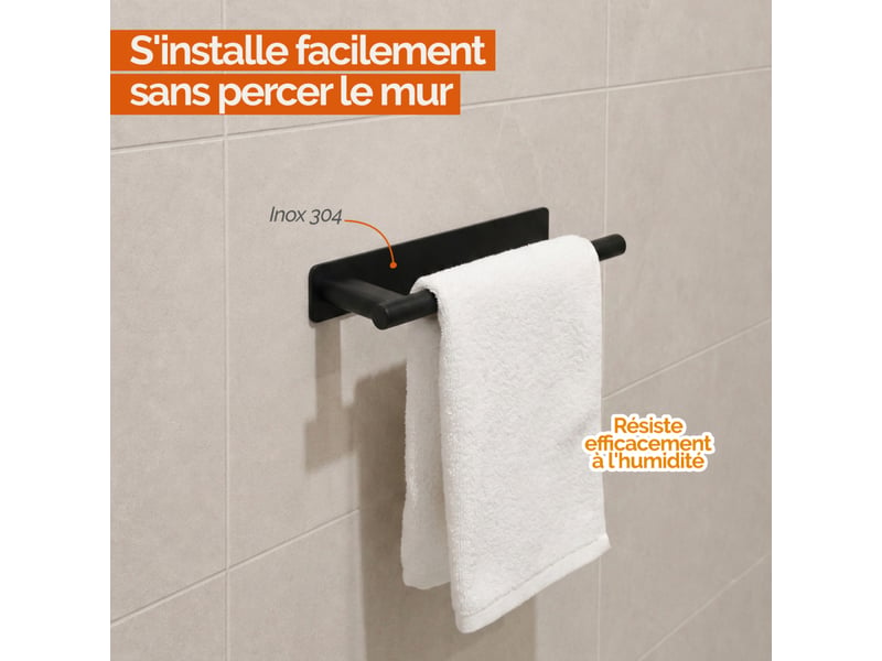  Porte serviette adhésif mural salle de bain ou cuisine 1 barre, sans perçage - acier inoxydable - noir  - Conforama C